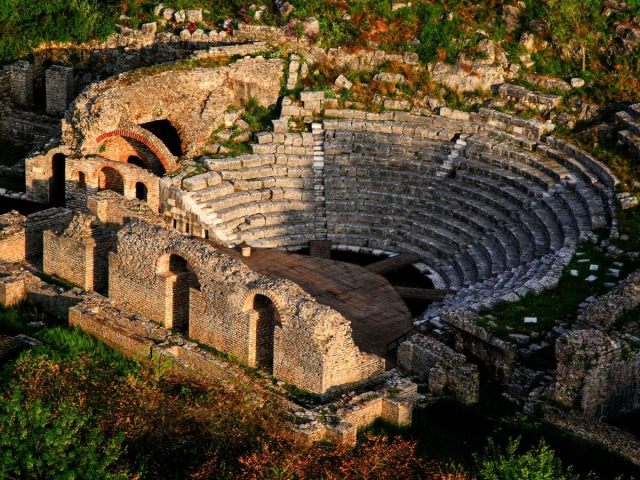 The ancient theatre of Butrint archaeological park seen from above