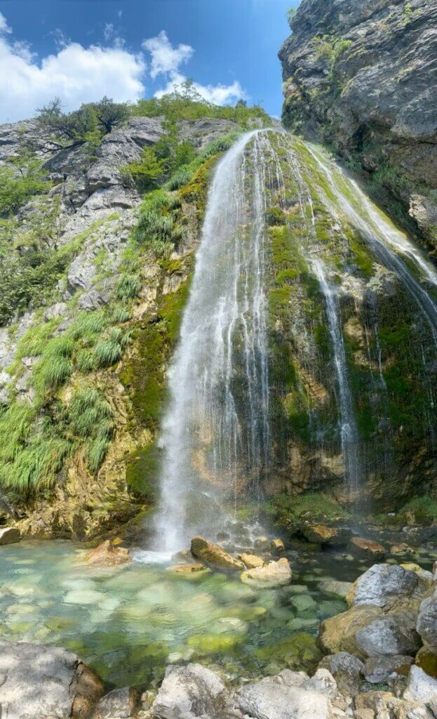 Grunas waterfall on the Theth to Blue Eye hike, Albanian Alps