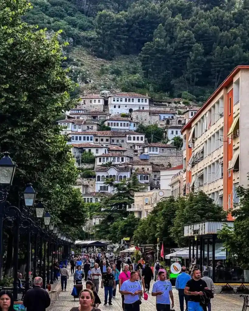 Whitewashed Ottoman houses climbing the hillside below Berat castle in Albania