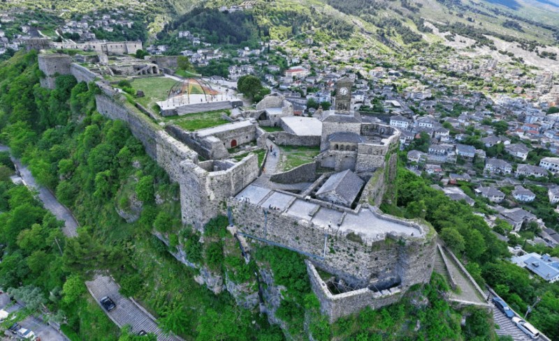 Gjirokaster castle above the UNESCO stone town in southern Albania
