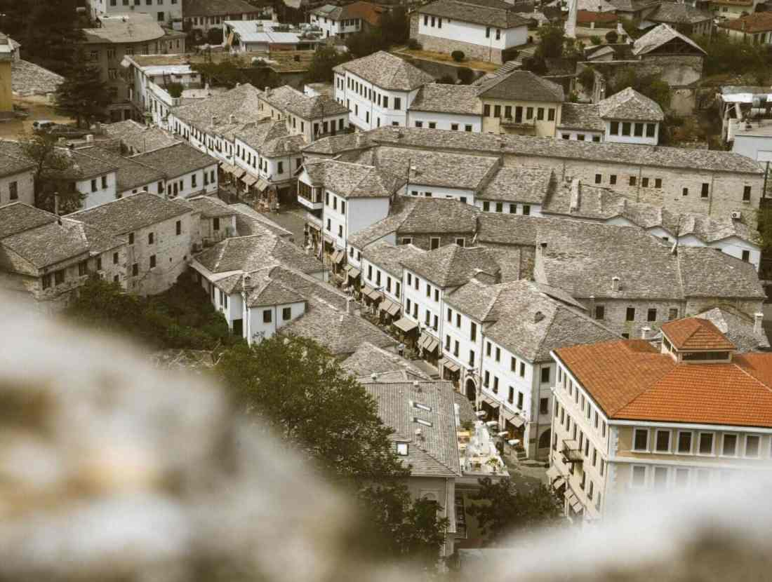 The stone roofs of Gjirokastra old town and its castle, UNESCO World Heritage