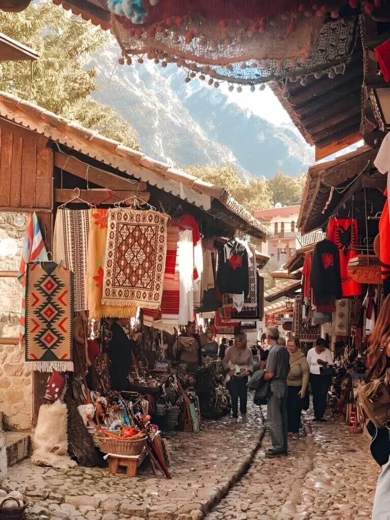 The old bazaar of Kruja with traditional craft and souvenir shops on a Kruja Castle day trip from Tirana