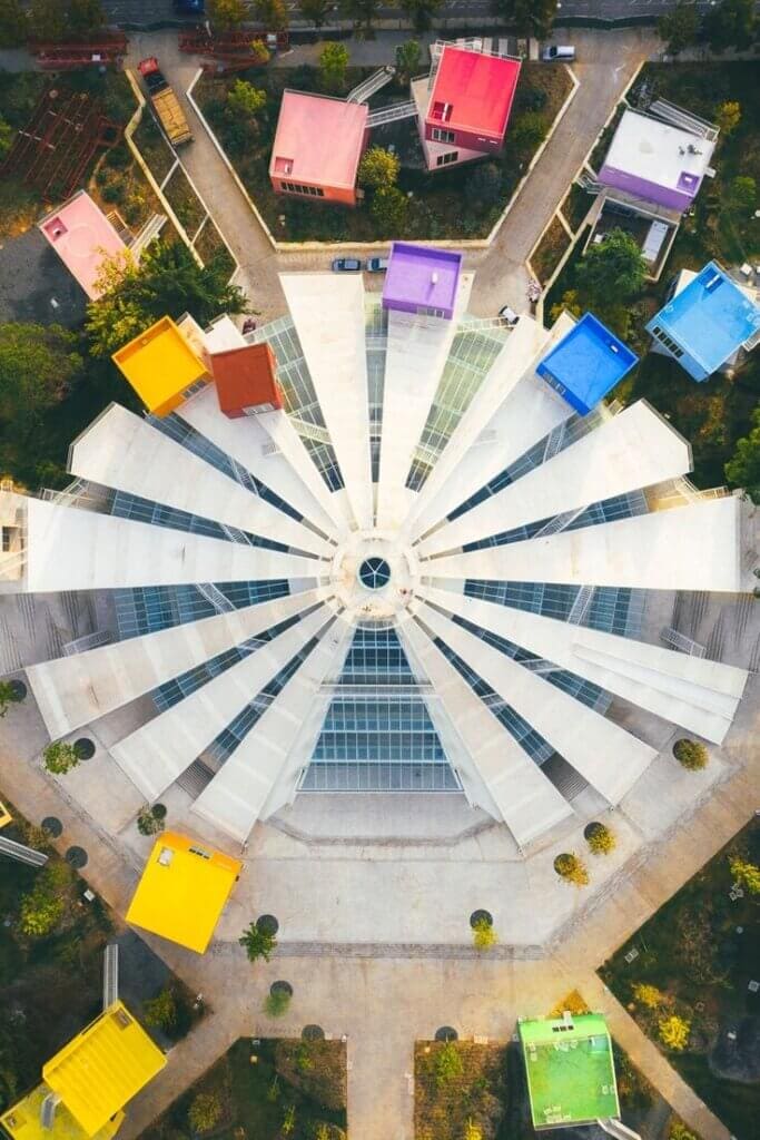 Aerial view of the Pyramid of Tirana with its colourful rooftop boxes, a stop on a guided city walk in Albania's capital