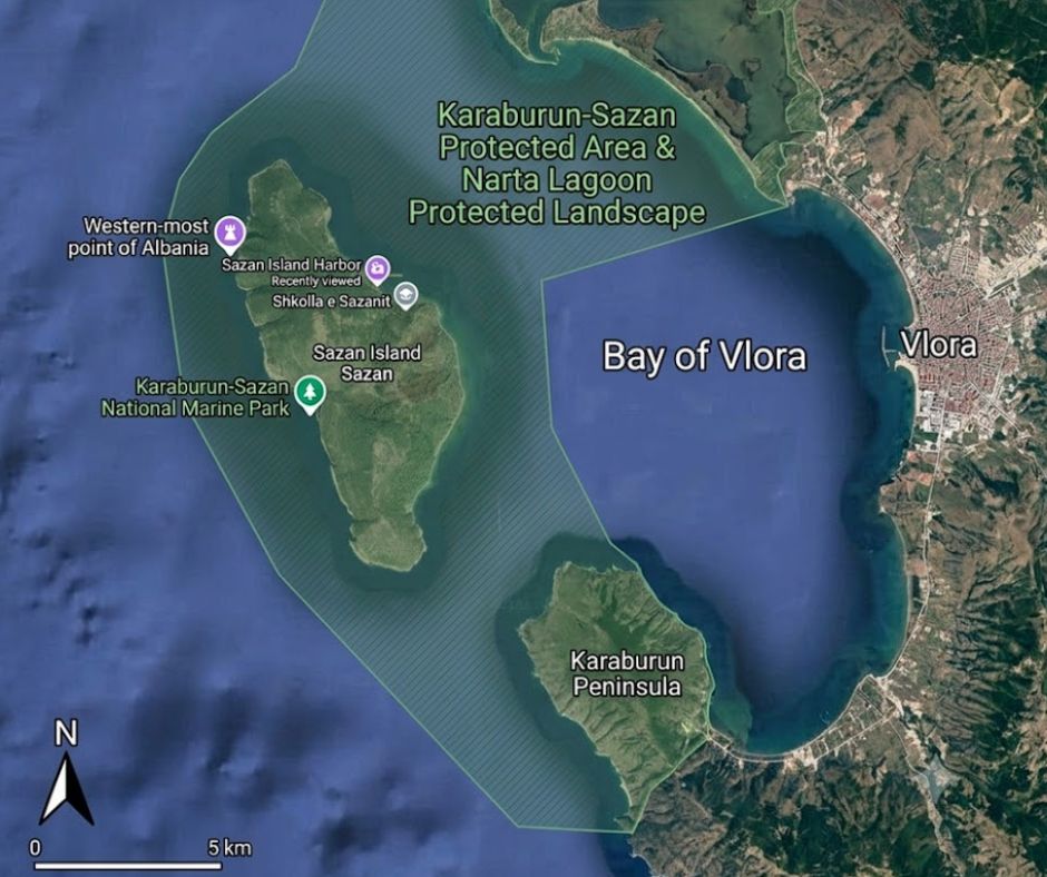 Map showing Sazan Island in the bay of Vlora and the Narta Lagoon coastline, with the protected area marked.