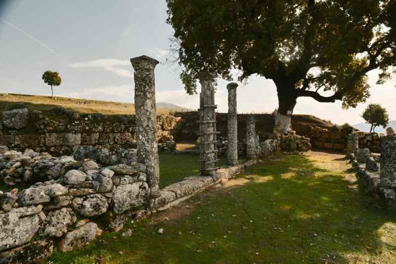 Ancient stone columns and ruins of the Antigonea Archaeological Park under a tree, near Gjirokastra in southern Albania