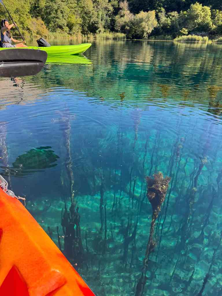 Crystal-clear water of the Blue Eye seen from an orange kayak