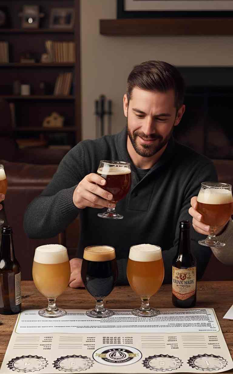 Man tasting a flight of craft beers at a table in Tirana