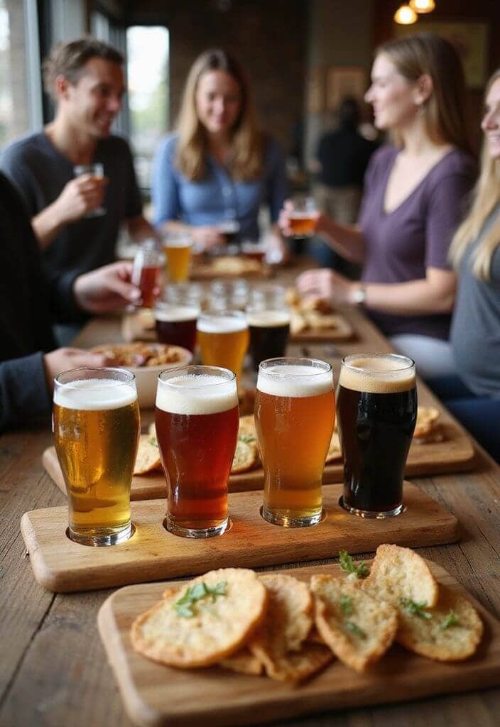 Group of friends sharing a craft beer tasting flight and snacks at a table in Tirana