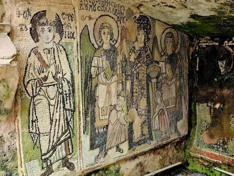 A Byzantine mosaic with figures in the ancient city of Durres on a day trip from Tirana
