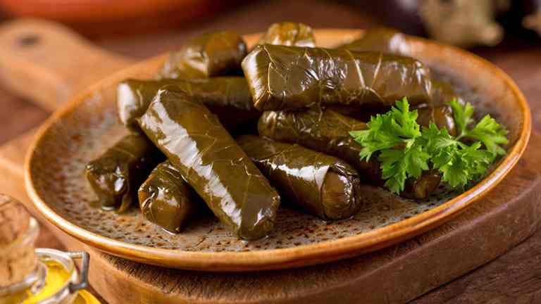 Plate of japrak, stuffed vine leaves, on a food tour in Tirana