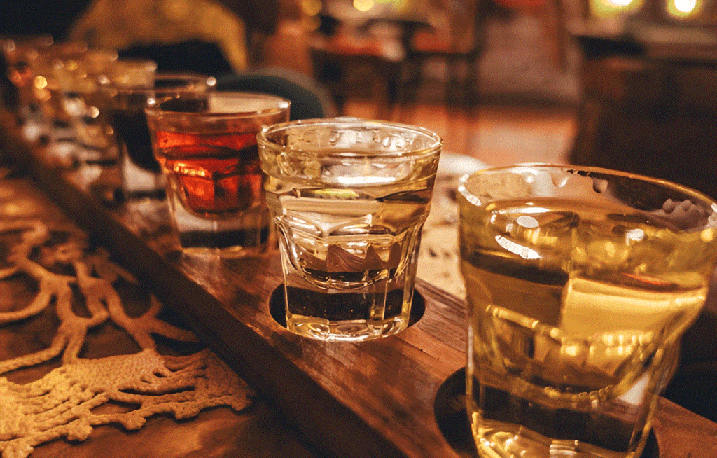 Glasses of raki on a wooden bar at a tasting in Tirana