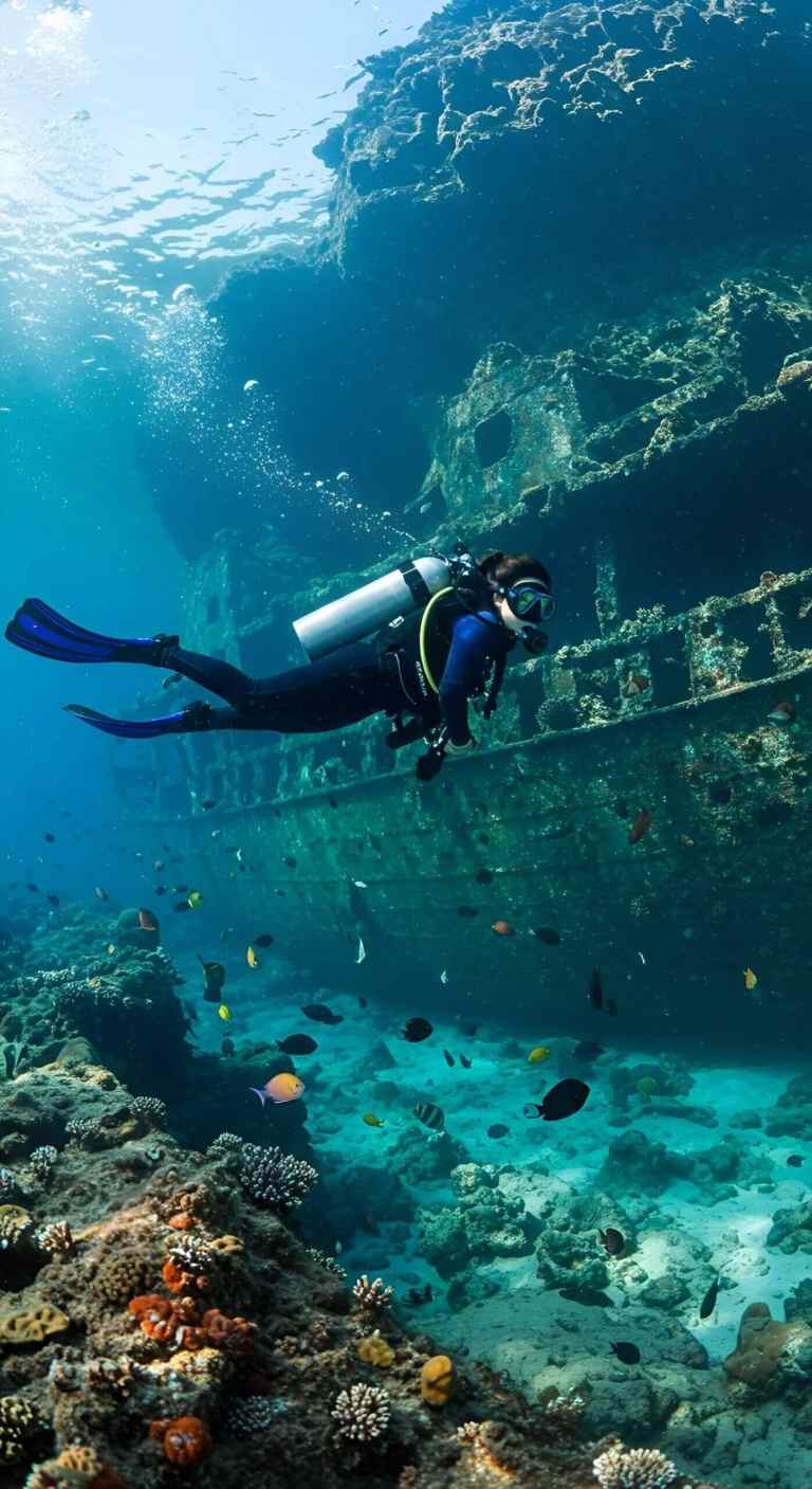 Scuba diver exploring an underwater shipwreck covered in marine growth on the Albanian Riviera