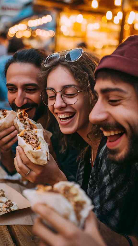 Three friends laughing and eating street food on a food tour in central Tirana