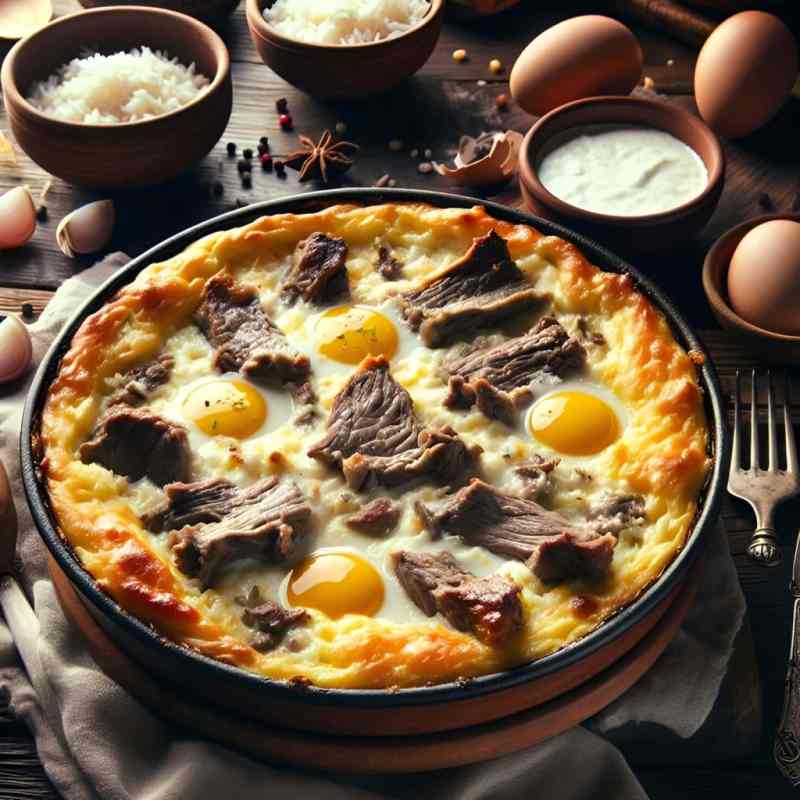 Traditional Albanian baked dish with meat and eggs in a clay pan