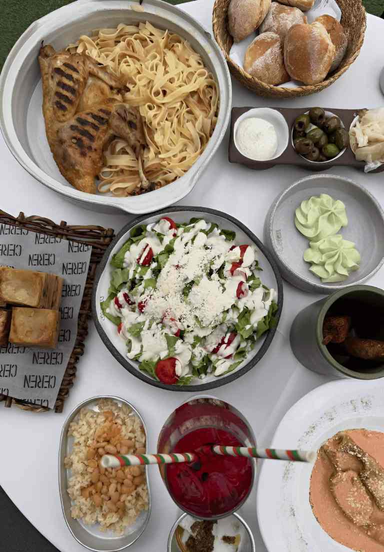 Table spread with traditional Albanian dishes, salads, bread and wine near Tirana