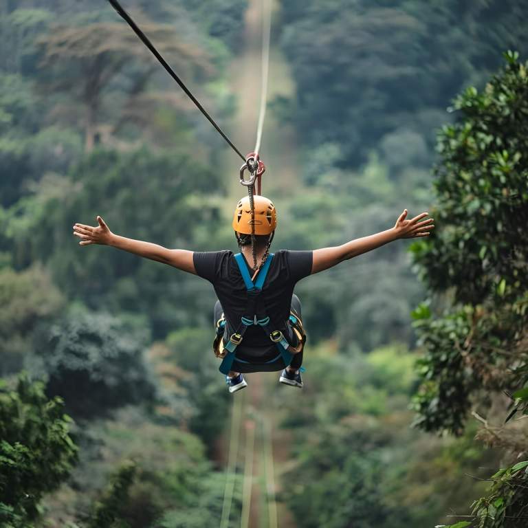 Person with arms spread wide ziplining over the forest near Tirana