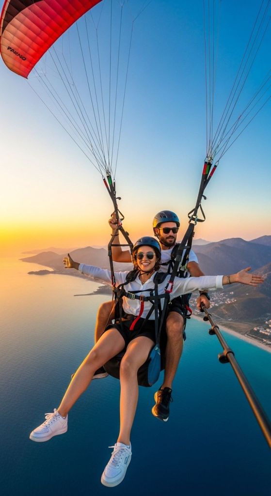 Tandem paragliding at sunset over the Albanian Riviera near Vlora, an optional activity on the 11-day adventure tour