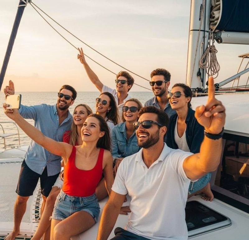 Group of travellers taking a selfie on a boat on the Ionian coast
