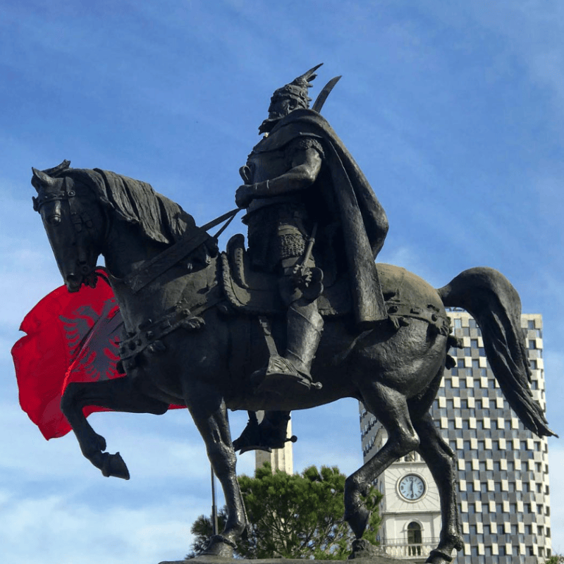 Skanderbeg statue on Skanderbeg Square in Tirana, the starting point of InAlb's 11-day Albania adventure tour
