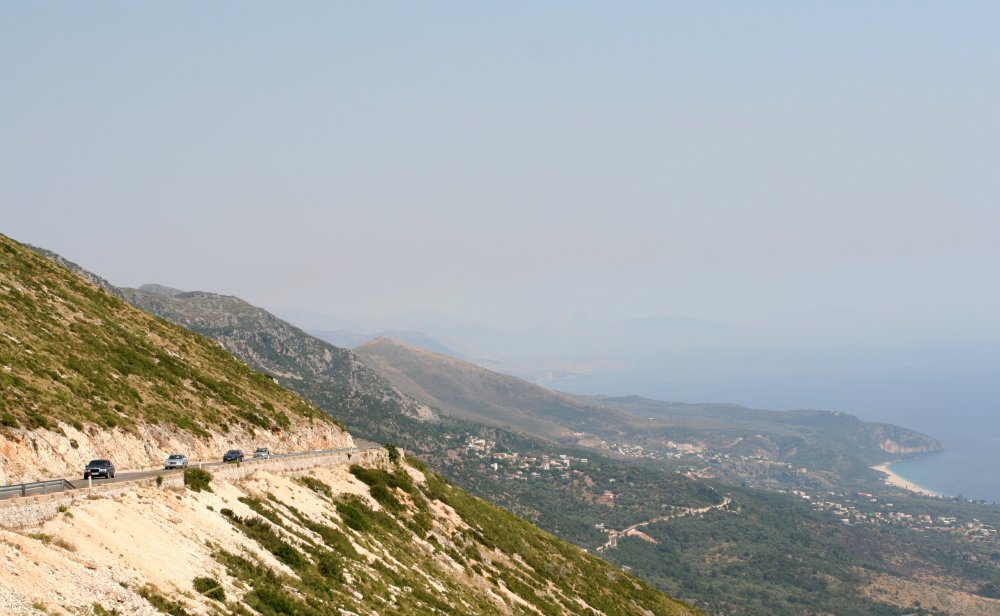 Cars on the Llogara Pass road above the Albanian Riviera