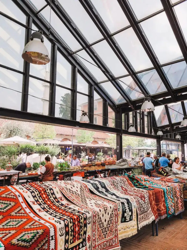 Traditional Albanian rugs and crafts inside Tirana’s New Bazaar